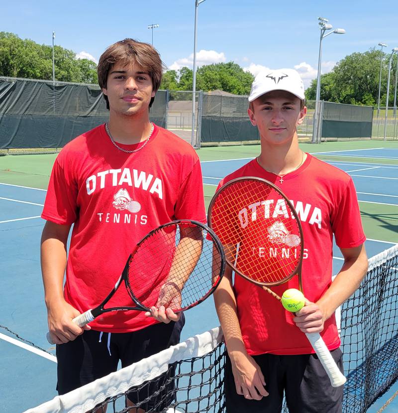Ottawa's No. 1 doubles team of senior Alan Sifuentes (left) and sophomore Evan Krafft are the Times 2024 boys tennis players of the year .