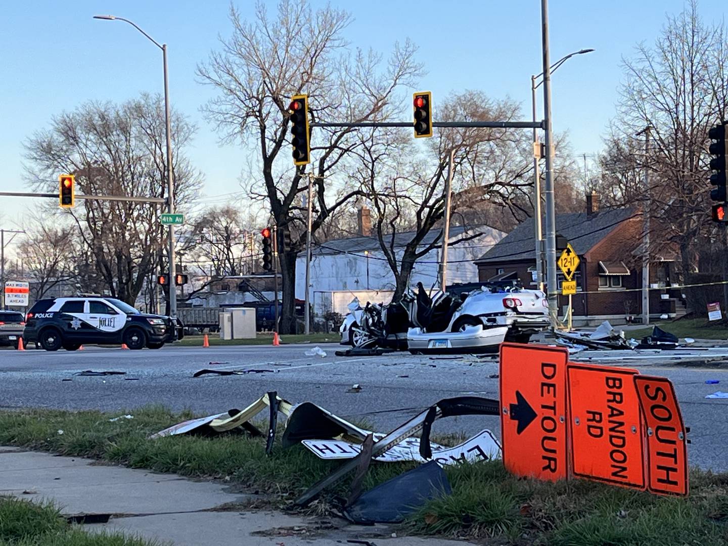 Joliet police and fire departments responded to an accident at the intersection of Fourth Avenue and South Chicago Street early Monday morning, Dec. 4, 2023.