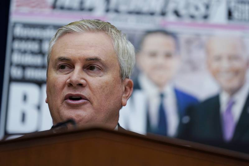 FILE - House Oversight and Accountability Committee Chairman James Comer, R-Ky., speaks during a House Committee on Oversight and Accountability hearing on Capitol Hill, Feb. 8, 2023, in Washington. Facing growing pressure to show progress in their investigations, House Republicans this week plan to detail what they say are concerning new findings about President Joe Biden's family and their finances.  (AP Photo/Carolyn Kaster, File)