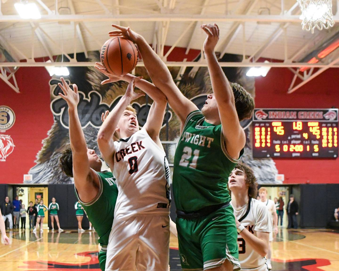 Indian Creek's Everett Willis (0) gets fouled by Dwight's Luke Gallet (21) with 1.8 second left on the clock during the regional quarter final game on Monday Feb. 19, 2024, held at Indian Creek High School.