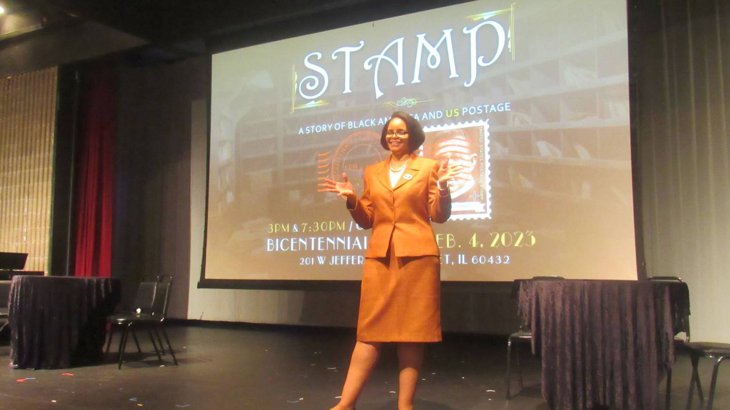 City of Joliet employee Kim Steel portrays Patricia Roberts Harris, the first Black American to serve in a presidential office,  during a rehearsal on Monday, Jan. 30, 2023, for the production of STAMP, which will be performed two times on Saturday at the Billie Limacher Bicentennial Park and Theatre in Joliet.