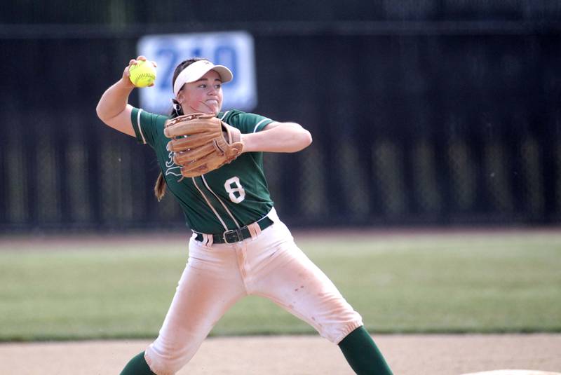 Fremd’s Anna Poss throws to first base during a Class 4A St. Charles North Sectional semifinal against St. Charles North on Tuesday, May 30, 2023.