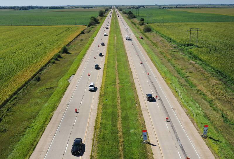 Crews pour a section of concrete Tuesday, Sept. 3, 2024, while doing patch work on Interstate 39 between Lostant and Tonica. The Illinois Department of Transportation will be do joint and pothole repair through November. Motorists are asked to use caution and expect delays when traveling through the work zones. The project is part of the Rebuild Illinois investing $33.2 billion into all modes of transportation across the state.