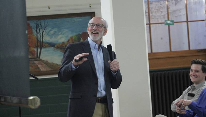 Historian Tom Wadsworth shares a laugh with his audience Tuesday, April 11, 2023, at Loveland Community House and Museum in Dixon during his presentation on the Truesdell Bridge Disaster of 1873.