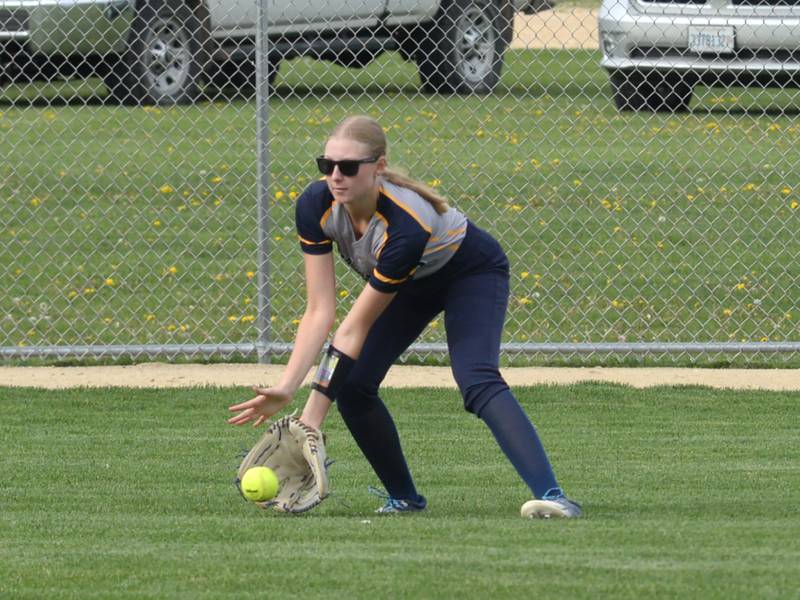 Polo's Sydnei Rahn fields a hit to centerfield during a Thursday, May 2, 2024 game at Forreston High School.