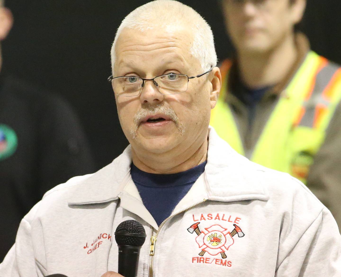 La Salle fire chief Jerry Janick, addresses the media at the Grove Center regarding the Carus Chemical fire on Thursday, Jan. 12, 2023 in La Salle.