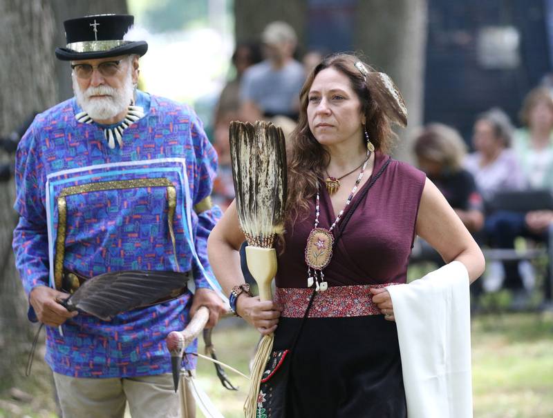 Tom Smith, of Winthrop Harbor and Shannon Chada, of Homer Glen, dance to an intertribal song during the 30th Annual Potawatami Trails Pow-Wow at Shiloh Park on Saturday, August 26th in Zion. 
Photo by Candace H. Johnson for Shaw Local News Network