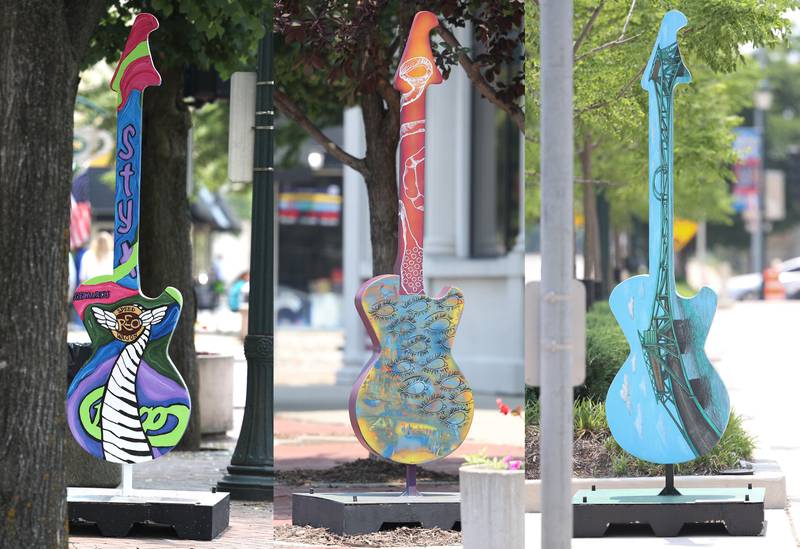 Two commissioned guitar art sits along Chicago Street and one outside Will County Courthouse on Thursday, June 8, 2023, in Joliet.