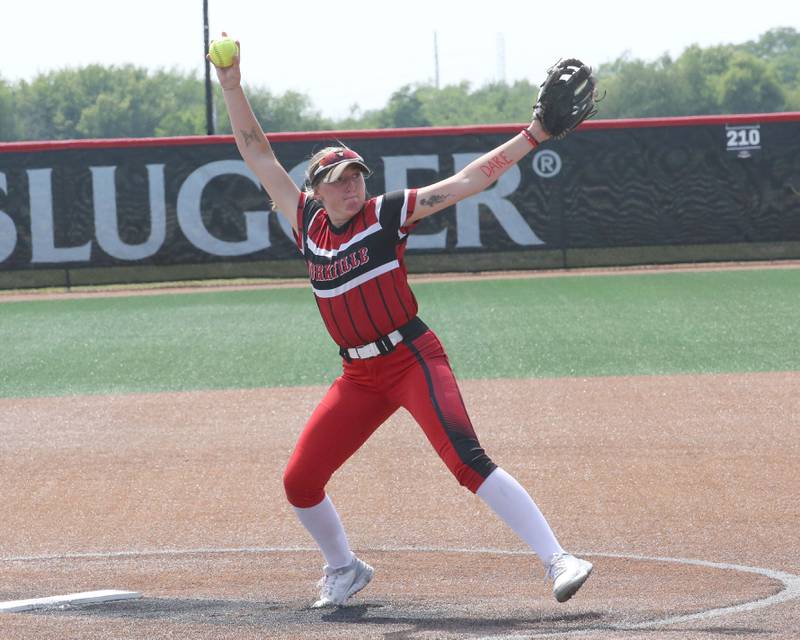 Yorkville pitcher Madi Reeves fires a pitch to Oak Park-River Forest during the Class 4A State semifinal softball game on Friday, June 9, 2023 at the Louisville Slugger Sports Complex in Peoria.