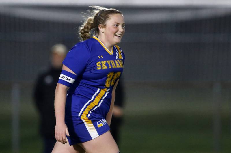 Johnsburg's Mackenzie McQuiston celebrates her game tying goal during the IHSA Class 1A Marengo Regional championship soccer match against Marian Central on Tuesday, May 14, 2024, at Marengo High School.