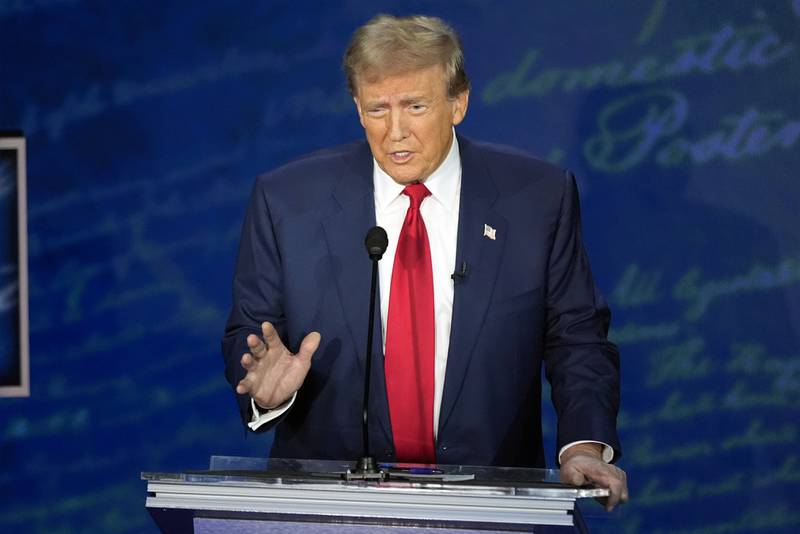 Republican presidential nominee former President Donald Trump speaks during a presidential debate with Democratic presidential nominee Vice President Kamala Harris at the National Constitution Center, Tuesday, Sept.10, 2024, in Philadelphia. (AP Photo/Alex Brandon)