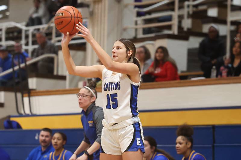 Lincoln-Way East’s Lilly Dockemeyer puts up a three point shot against Joliet Central in the Class 4A Joliet Central Regional semifinal on Feb. 13th, 2024 in Joliet.