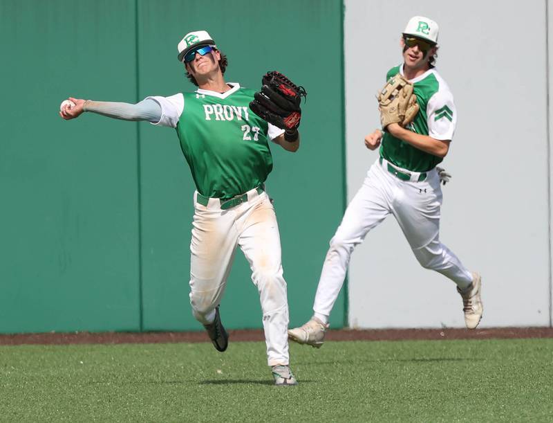 Providence Catholic's Mitch Voltz gets the ball back into the infield during their Class 4A state semifinal win over Edwardsville Friday, June 7, 2024, at Duly Health and Care Field in Joliet.