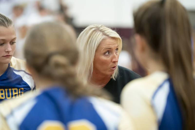 Johnsburg girls volleyball coach Abby Bruns during their game against Richmond-Burton on Monday, August 26, 2024 at Richmond-Burton High School in Richmond.