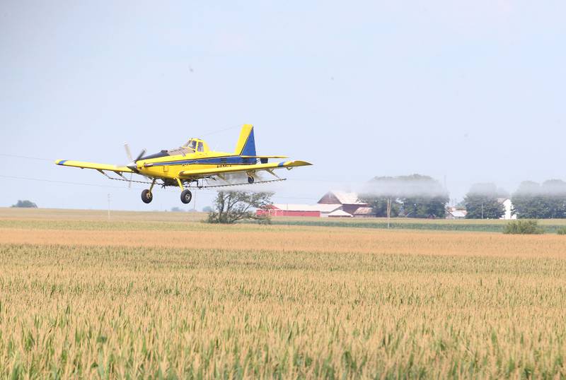 A crop duster airplane sprays a field near the intersection of East 9th Road and Interstate 80 on Monday, July 22, 2024 near Utica.