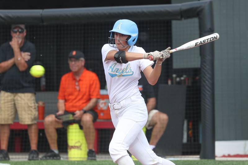 Joliet Catholic’s Maddie Patrick connects for a double against Beecher in the Class 2A regional championship on Saturday, May 18, 2024 at Lewis University in Romeoville.