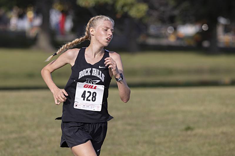 Rock Falls’ Kat Scott eyes the finish line Tuesday, Sept. 12, 2023 during the Twin Cities Cross Country Meet at Centennial Park in Rock Falls.