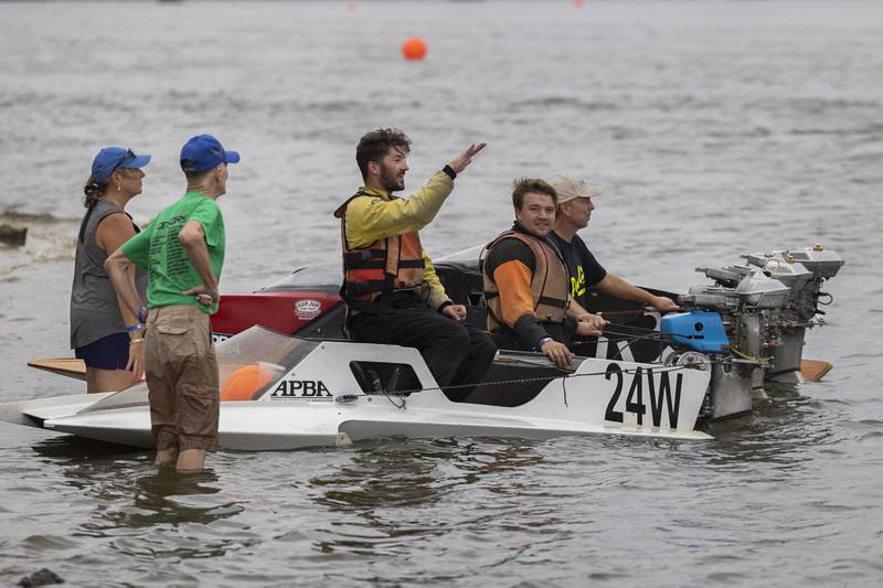 Michael Shepard of Antioch gestures while talking about his latest run Saturday, August 26, 2023 at the Rock Falls River Chase. The annual boat racing event took place at Seward’s Park in Rock Falls on Saturday and Sunday.