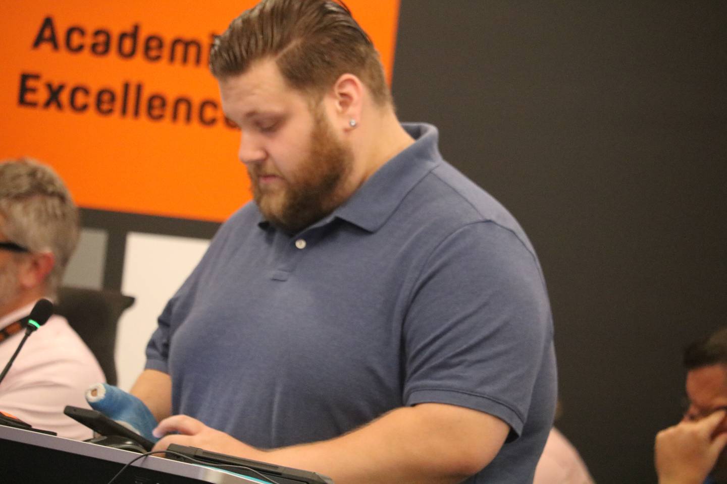 DeKalb parent Steven Ermilio speaks at a DeKalb School District 428 school board meeting on Tuesday, Aug. 20, 2024. Ermilio alleged the school district misplaced his son on his first day of kindergarten at Founders Elementary School.