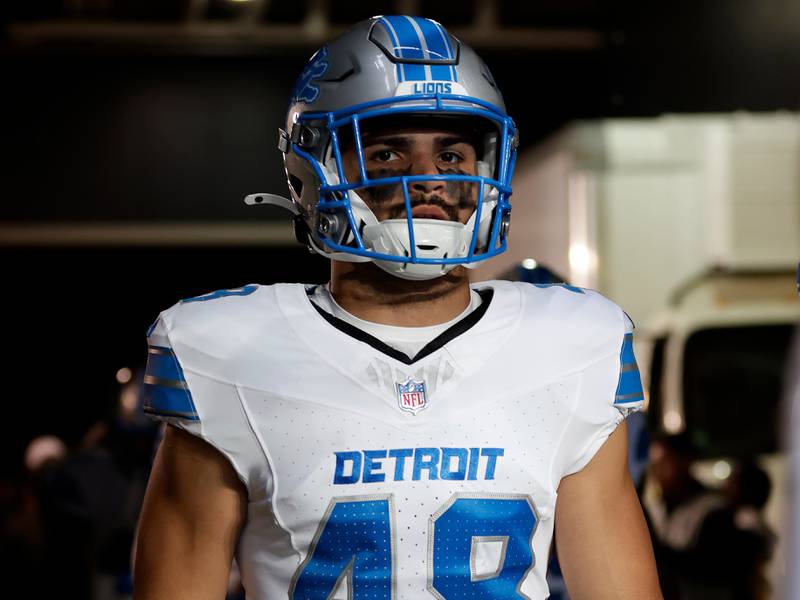 Detroit Lions safety Loren Strickland (48) walks on the field before an NFL pre-season football game against the New York Giants Thursday, Aug. 8, 2024, in East Rutherford, N.J. (AP Photo/Adam Hunger)