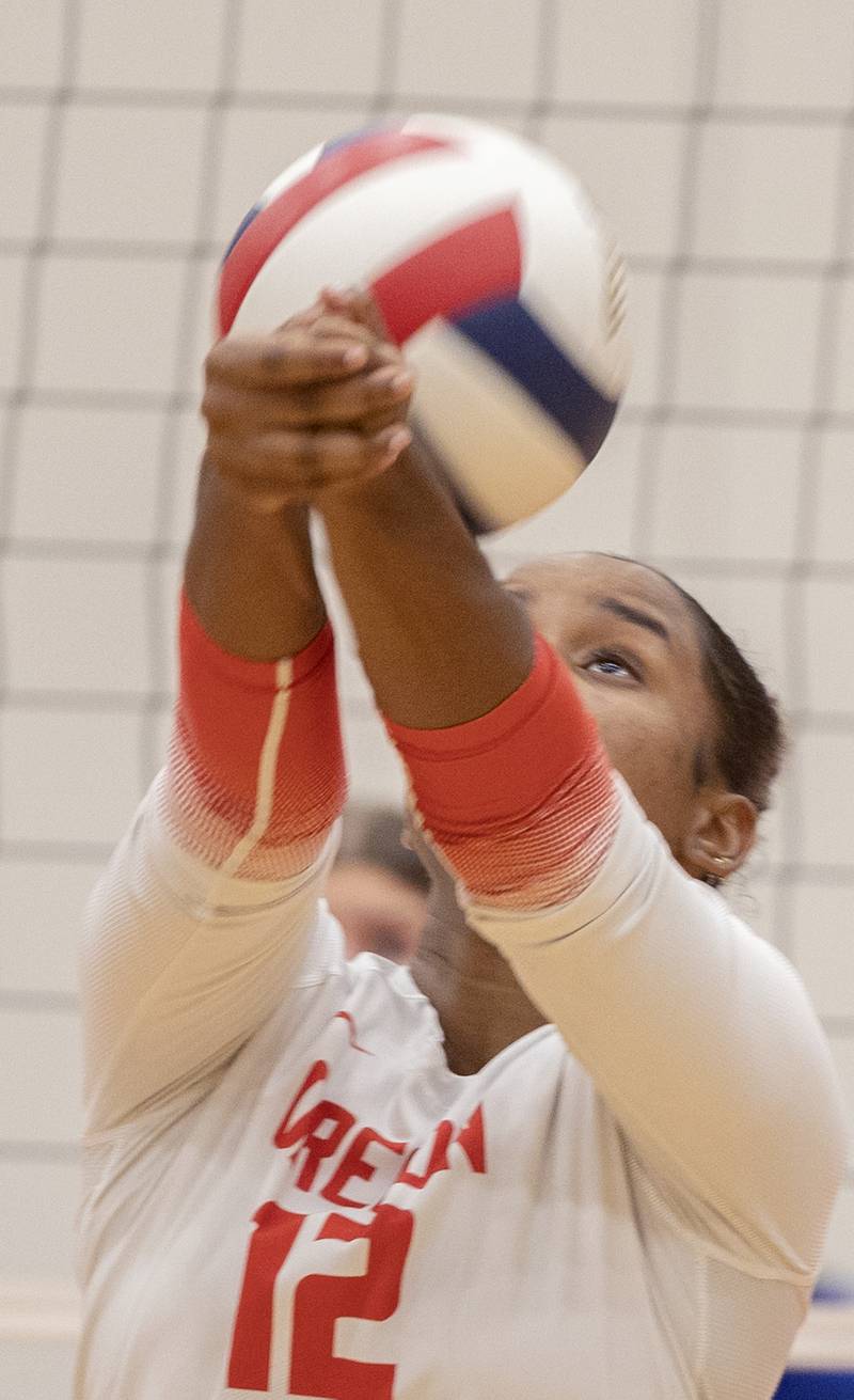 Oregon’s Mackenzie Brown plays the ball against Newman Thursday, Sept. 12, 2024, at the Blackhawk Center in Oregon.