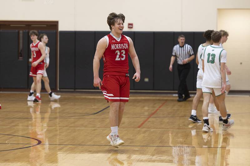 Morrison’s Carson Strating celebrates the Mustangs win over Rock Falls Wednesday, Feb. 21, 2024 at the Prophestown class 2A basketball regional.