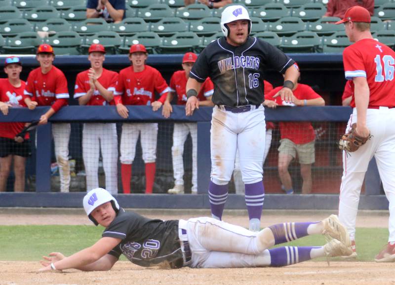 Wilmington's Reid Juster looks stunned as he is tagged out at the plate while teammate Zach Ohlund watches during the Class 2A State semifinal game on Friday, May 31, 2024 at Dozer Park in Peoria.