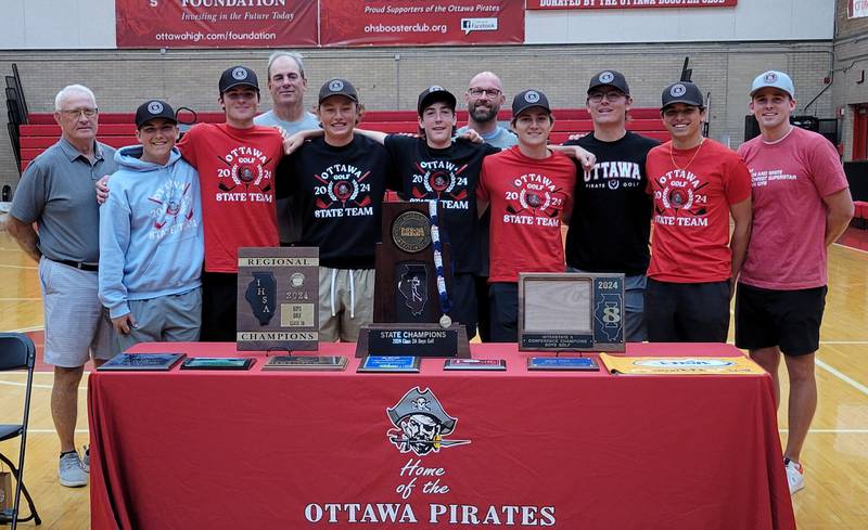 The Ottawa boys golf team brought home a bunch of tournament hardware this season, including a Class 2A state title. They were honored for their accomplishments in a ceremony at Kingman Gym on Sunday afternoon. The team (from left): From left, assistant coach Gerry Couch, James Threadgill, Seth Cooper, assistant coach Mark Cooper, Bryer Harris, Colt Bryson, head coach Keith Budzowski, Chandler Creedon, Jacob Armstrong, Deklan Gage and assistant coach Ryan Gunderson.