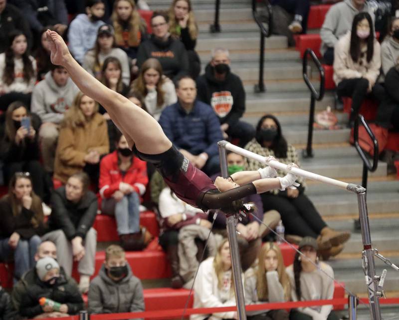 Prairie Ridge’s Gabriella Riley  competes on the Uneven Parallel Bars during the IHSA Girls Gymnastics State Finals Saturday February 19, 2022 at Palatine High School.