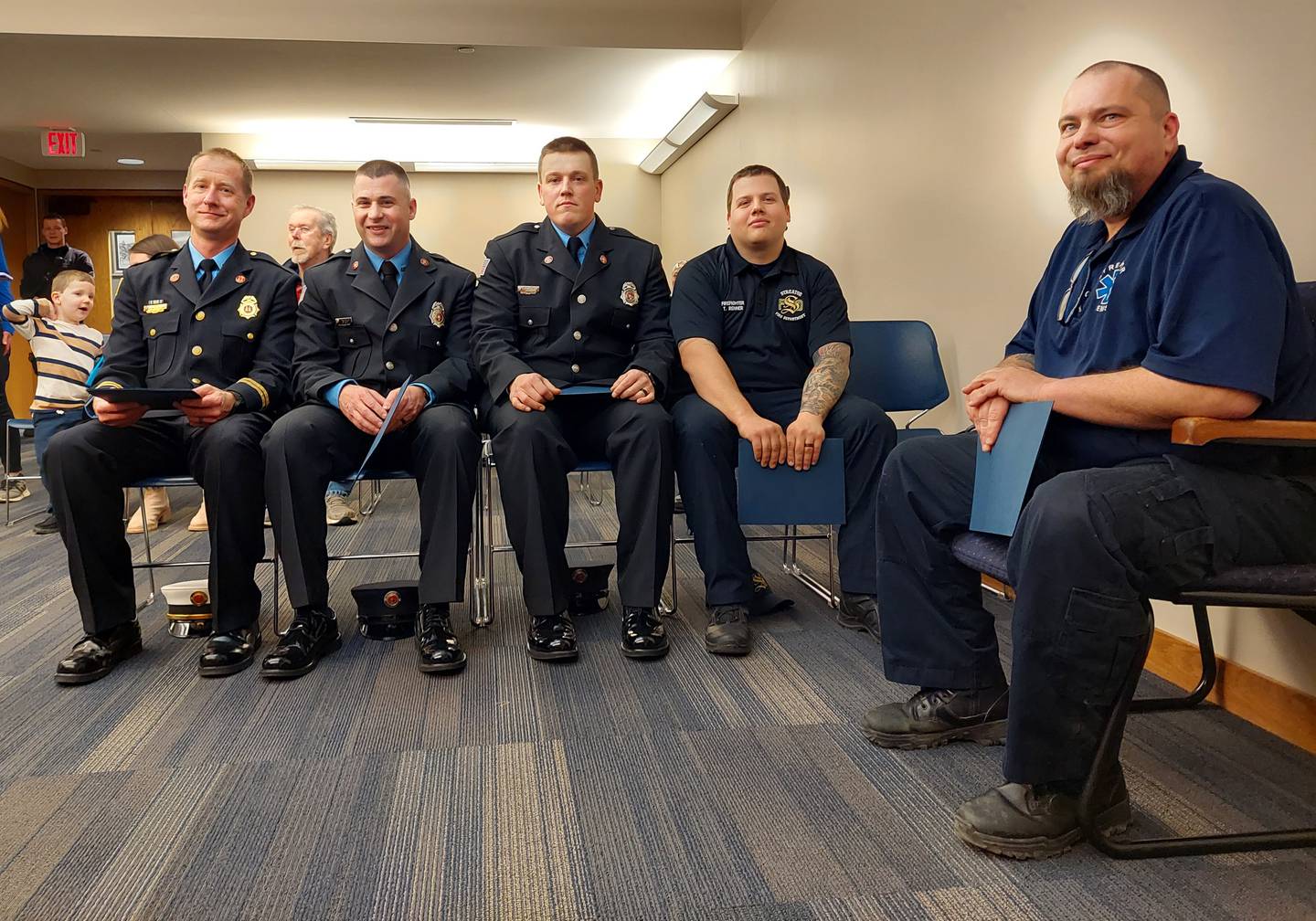 Streator Fire Capt. Ryan Reynolds, firefighter Edward Levy, firefighter Ian Rogers, firefighter TJ Renner and paramedic Michael White were honored Wednesday, Feb. 21, 2024, during the Streator City Council meeting for saving the life of a fire victim earlier this year.