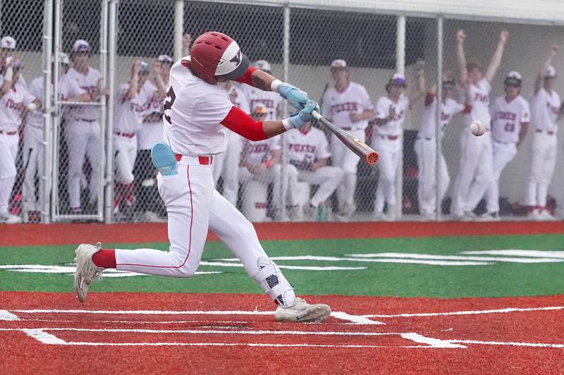 Yorkville's Jailen Veliz (12) singles against Plainfield North during a baseball game at Yorkville High School in Yorkville on Thursday, May 16, 2024.