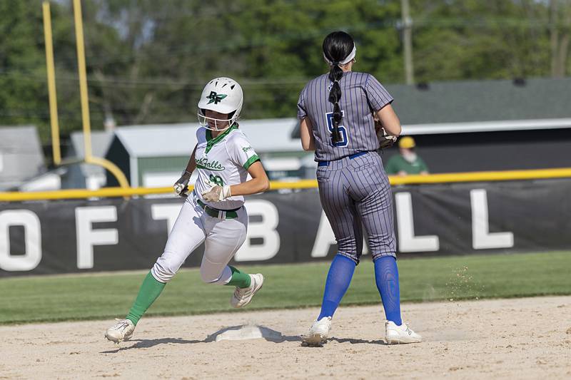 Rock Falls' Maddison Morgan rounds second base against Princeton Wednesday, May 15, 2024 a the Class 2A regional softball semifinal.