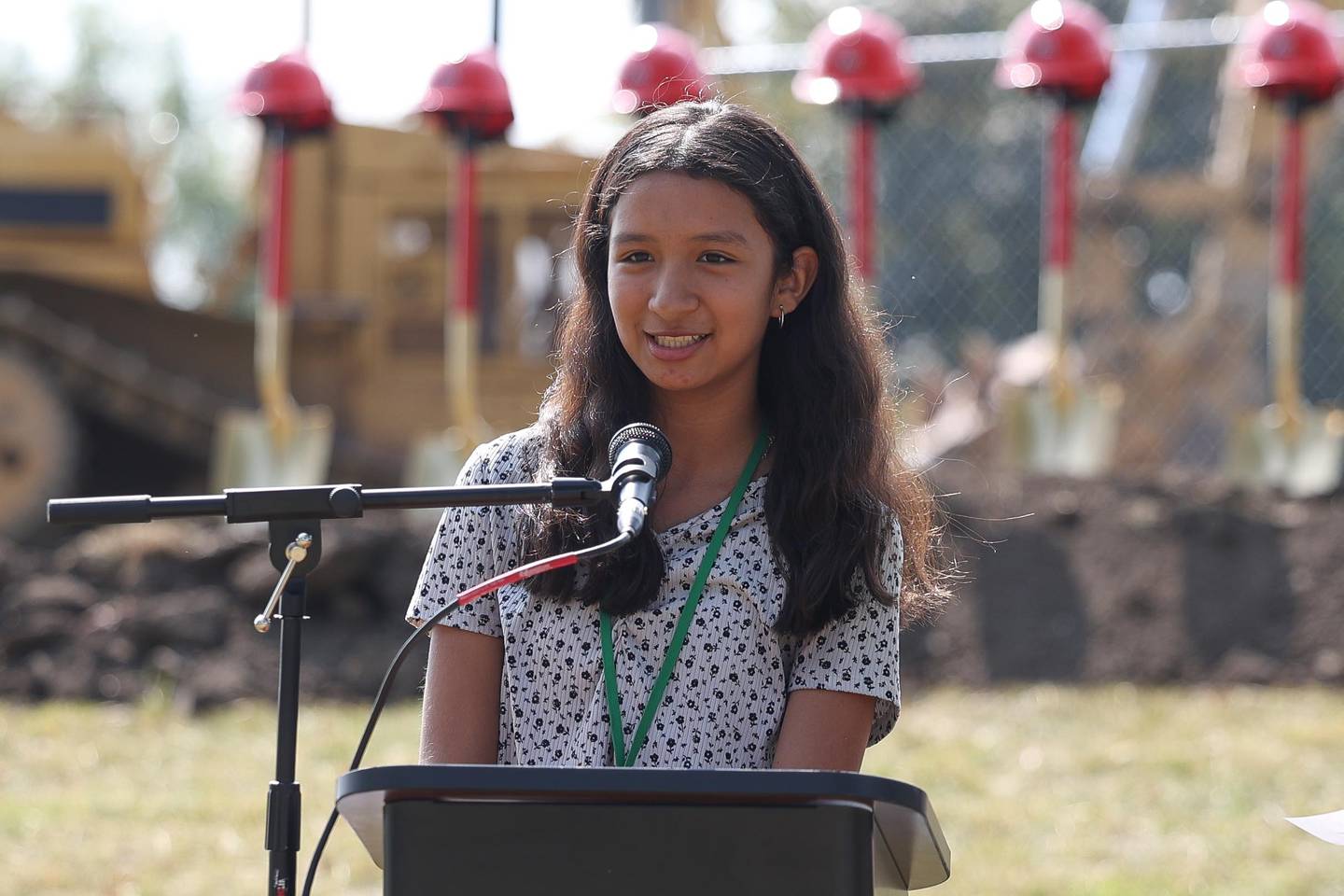 Gompers Junior High School student Isabella Salgado speaks at the District 86 ground breaking ceremony for Gompers Junior High School on Thursday, Sept. 12, 2024 in Joliet.