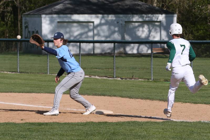 Bureau Valley first baseman Sam Wright makes a catch at first base to force out St. Bede's Brendan Pillion on Monday, May 1, 2023 at St. Bede Academy.