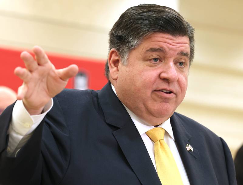 Gov. JB Pritzker speaks during a news conference Tuesday, April, 4, 2023, in the Barsema Alumni and Visitors Center at Northern Illinois University in DeKalb. Pritzker along with a group of llinois lawmakers, DeKalb city officials and representatives from NIU were on hand to promote the importance of funding higher education in Illinois.