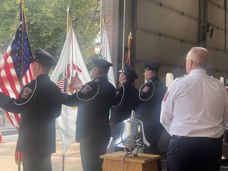 A presentation of colors is demonstrated by members of the DeKalb Firefighters Color Guard Sept. 11, 2024, during the fire department's annual Patriot Day Ceremony.