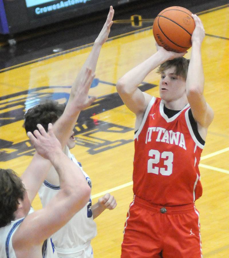 Ottawa's Owen Sanders shoots against Hinckley-Big Rock in the Plano Christmas Classic on Wednesday, Dec. 27, 2023.