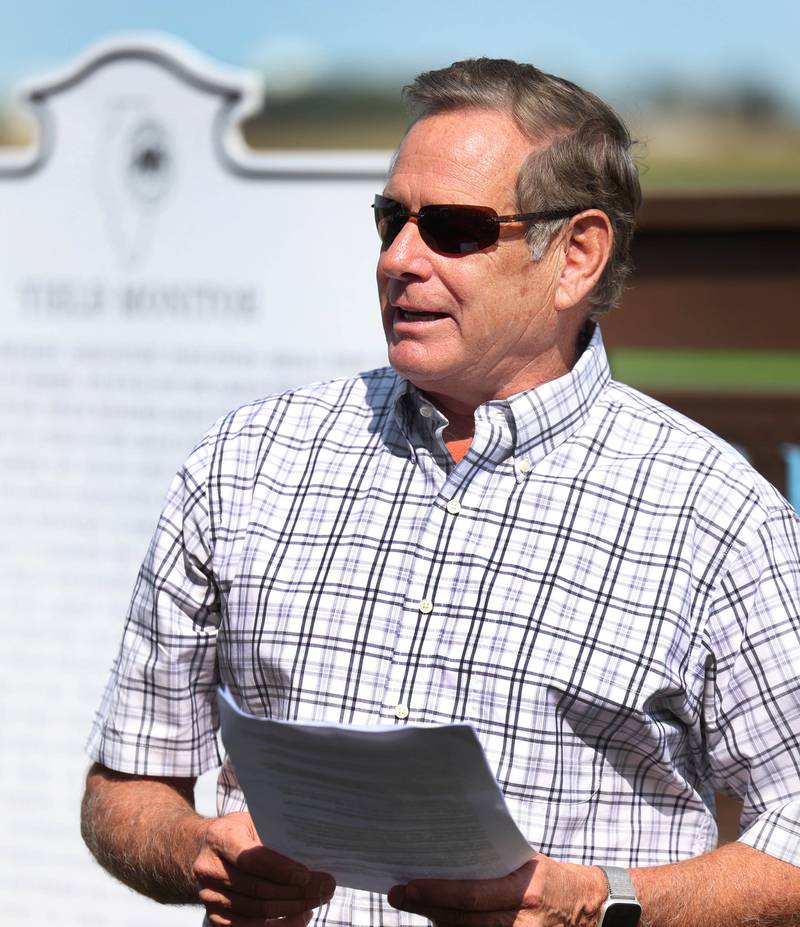 Dave Larson, one of the creators of the yield monitor, speaks Tuesday, Sept. 10, 2024, during the dedication, hosted by the DeKalb Area Agricultural Heritage Association, for the new historical marker at the Faivre farm in DeKalb. The marker celebrates the creation yield monitor, an important innovation in farming.