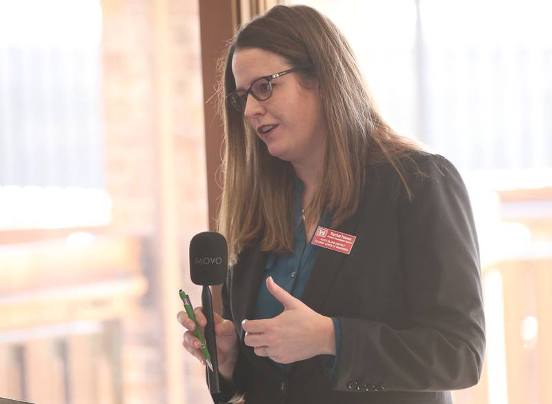 Rachael Hawes project management branch of the U.S. Army Corps of Engineers Rock Island District speaks during a groundbreaking ceremony for the new Starved Rock Breakwater project at Starved Rock Lock and Dam on Tuesday, Feb. 13, 2024 near Starved Rock State Park. The Starved Rock Breakwater project is a habitat restoration effort designed to restore submerged aquatic vegetation in the Illinois River, Starved Rock Pool. It will increase the amount and quality of resting and feeding habitat for migratory waterfowl and improve spawning and nursery habitat for native fish.
Construction of the breakwater will involve placement of riprap along northern edge of the former Delbridge Island, adjacent to the navigation channel between River Mile 233 and 234. The breakwater structure will be approximately 6,100 feet long and constructed to a design elevation 461.85 feet, providing adequate protection to allow for submerged aquatic vegetation growth.
The estimated total cost of this project is between $5 and $10 million.