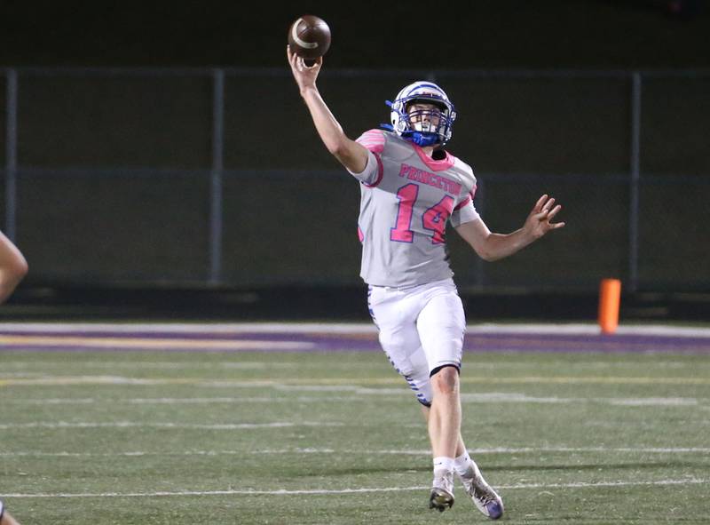 Princeton quarterback William Lott throws a pass against Mendota on Friday, Oct. 11, 2024 at Mendota High School.