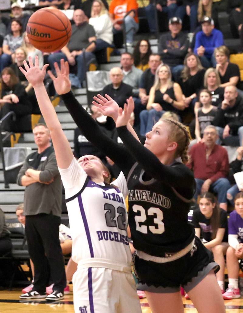 Dixon’s Katie Drew and Kaneland's Kendra Brown go after a rebound Thursday, Feb. 22, 2024, during their Class 3A sectional final game at Sycamore High School.