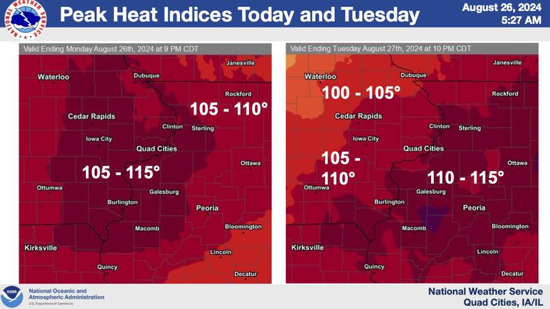 Heat index values could reach as high as 115 degrees Monday.