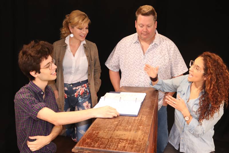 Rehearsing music for Timber Lake Playhouse's upcoming production of "A Closer Walk with Patsy Cline" are music director Sam Columbus, Felicia Finley (who portrays Patsy Cline), Darren Mangler (as Little Big Man), and Dana Iannuzzi (director).