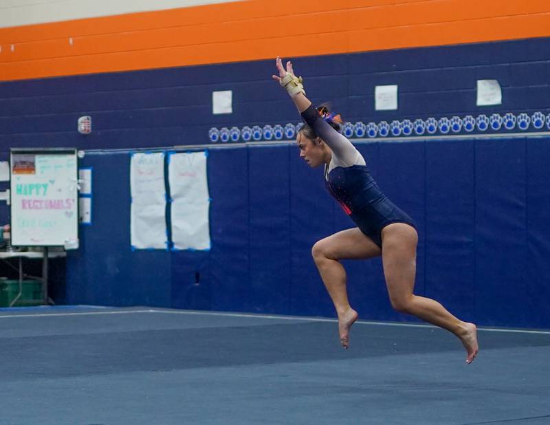 Oswego Co-op's Ava Sullivan competes in the floor exercise during a Oswego Regional Gymnastics Meet at Oswego High School on Monday, Jan 29, 2024.