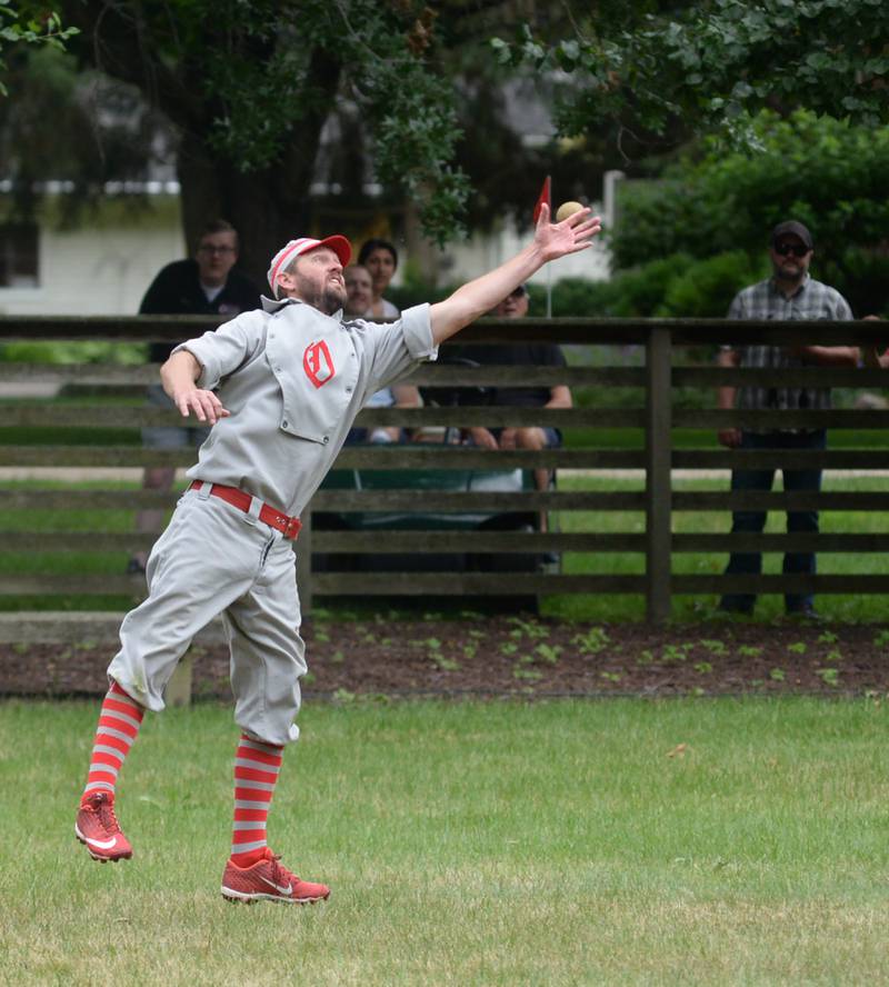 Ganymede Brett "Shifty" Rogers just misses a line drive during a vintage base ball game against the DuPage Plowboys at the John Deere Historic Site in Grand Detour on Saturday, June 8, 2024.
