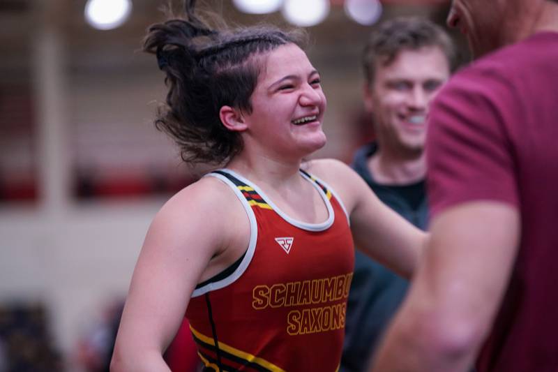 Shaumburg’s Madeline Zerafa-Lazarevi smiles after winning her 140 pound championship match against Andrews’ Alyssa Keane (not pictured) in the Schaumburg Girls Wrestling Sectional at Schaumburg High School on Saturday, Feb 10, 2024.