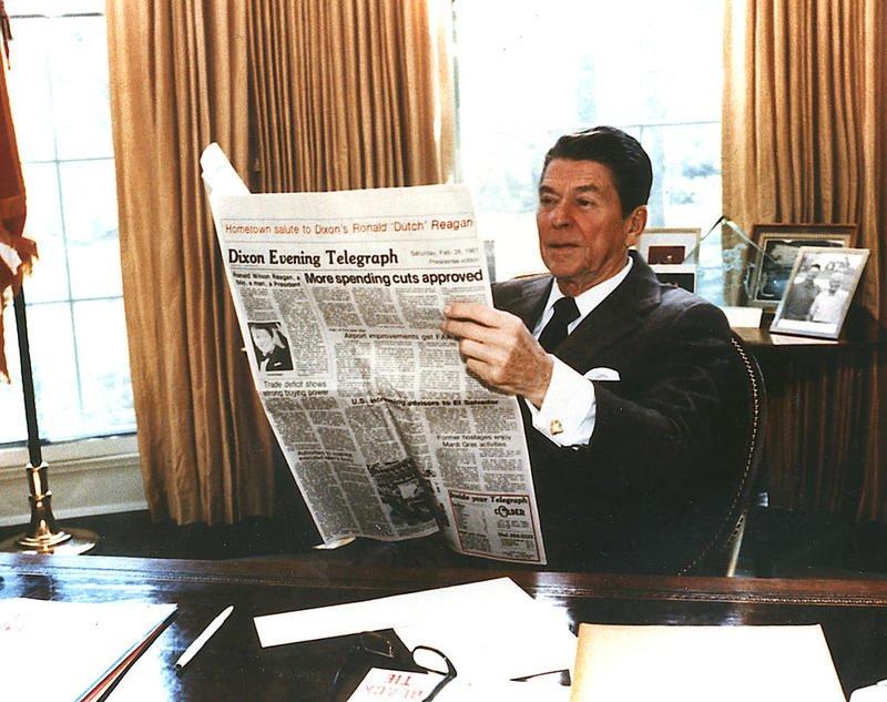 President Ronald Reagan is shown reading the Dixon Evening Telegraph's Feb. 28, 1981, edition in the Oval Office.