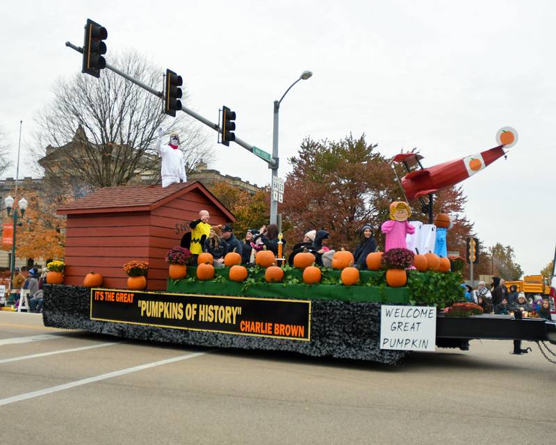 A Charlie Brown float makes its way down the Sycamore Pumpkin Festival parade route during the Pumpkin Parade held in downtown Sycamore on Sunday, Oct. 29, 2023.