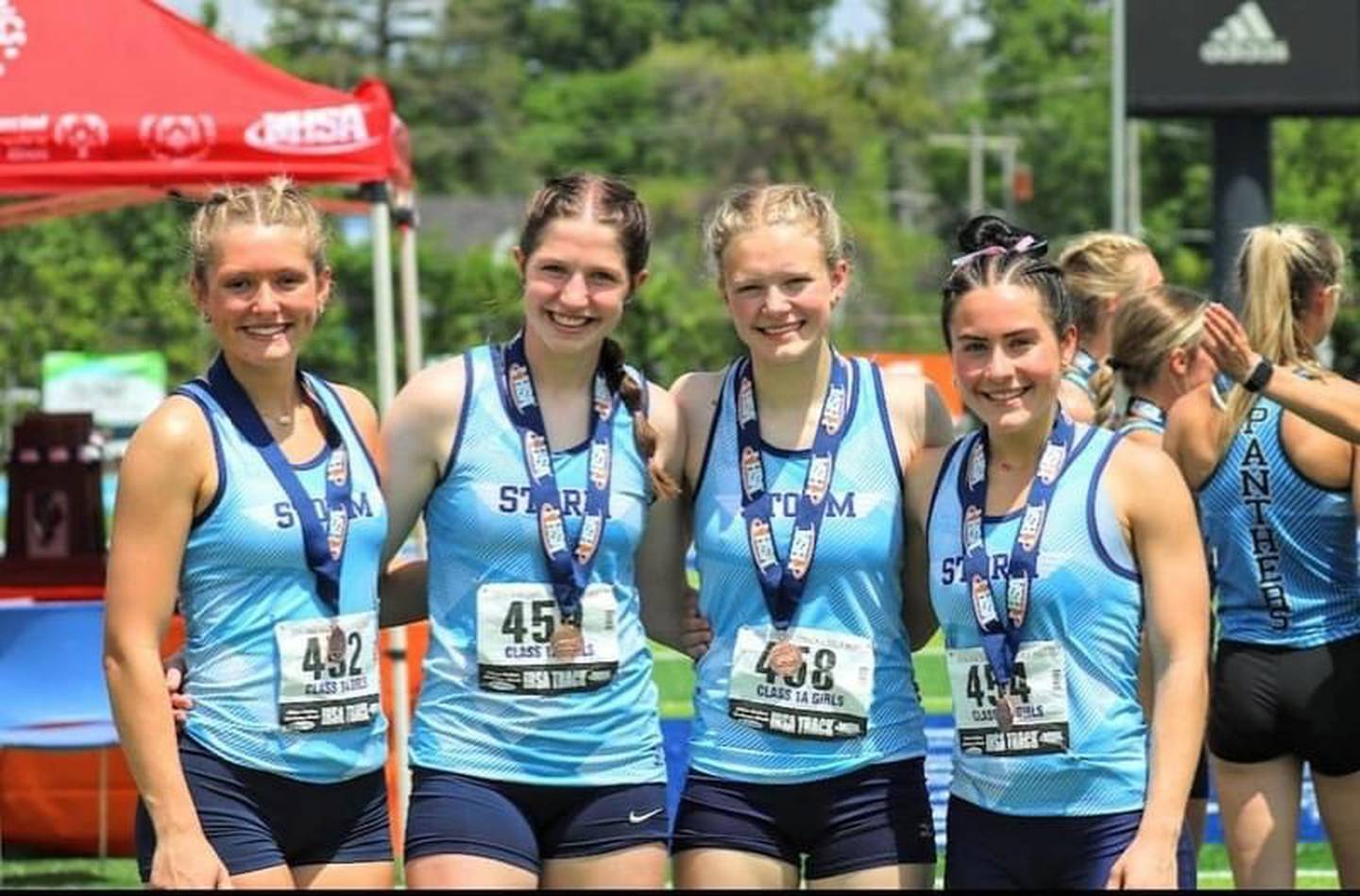 Bureau Valley landed two state medals in Class 1A relays on the legs of McKinley Canady (left), Kate Salisbury, Taylor Neuhalfen and Connie Gibson.