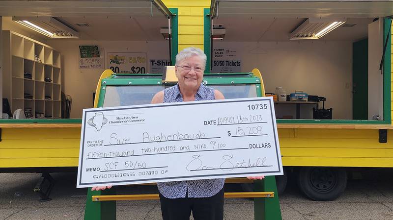 Sue Aughenbaugh was the grand prize winner of the Mendota Sweet Corn Festival 50/50 drawing Sunday, Aug. 13, 2023. She won $15,209.